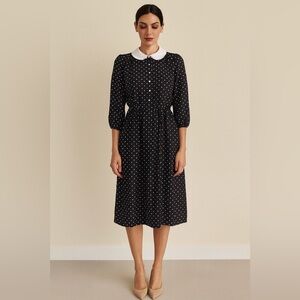 Vintage Amy-Deb Black Polka Dot Embroidered Collar Midi Dress Size 12